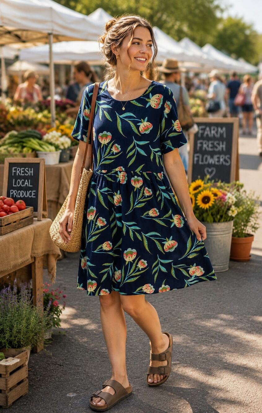 Karma East Vivien Dress Midnight Reverie Floral Cotton Navy Size Medium